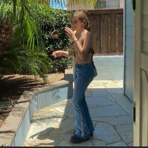 Amazon 70’s Light Blue Flare Jeans with Floral Embroidery